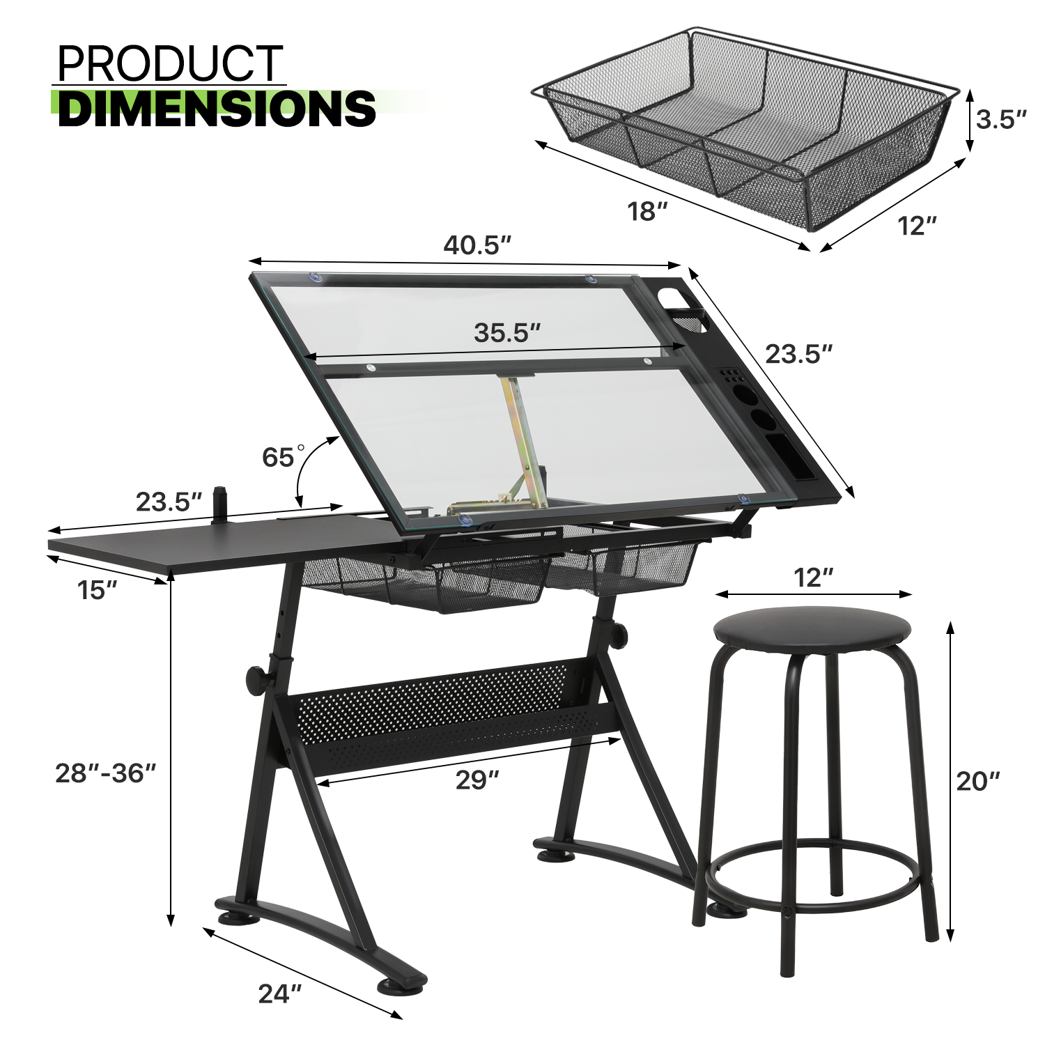 53" Drafting Table Adjustable Tempered Glass Craft Drawing Work Station w/Stool