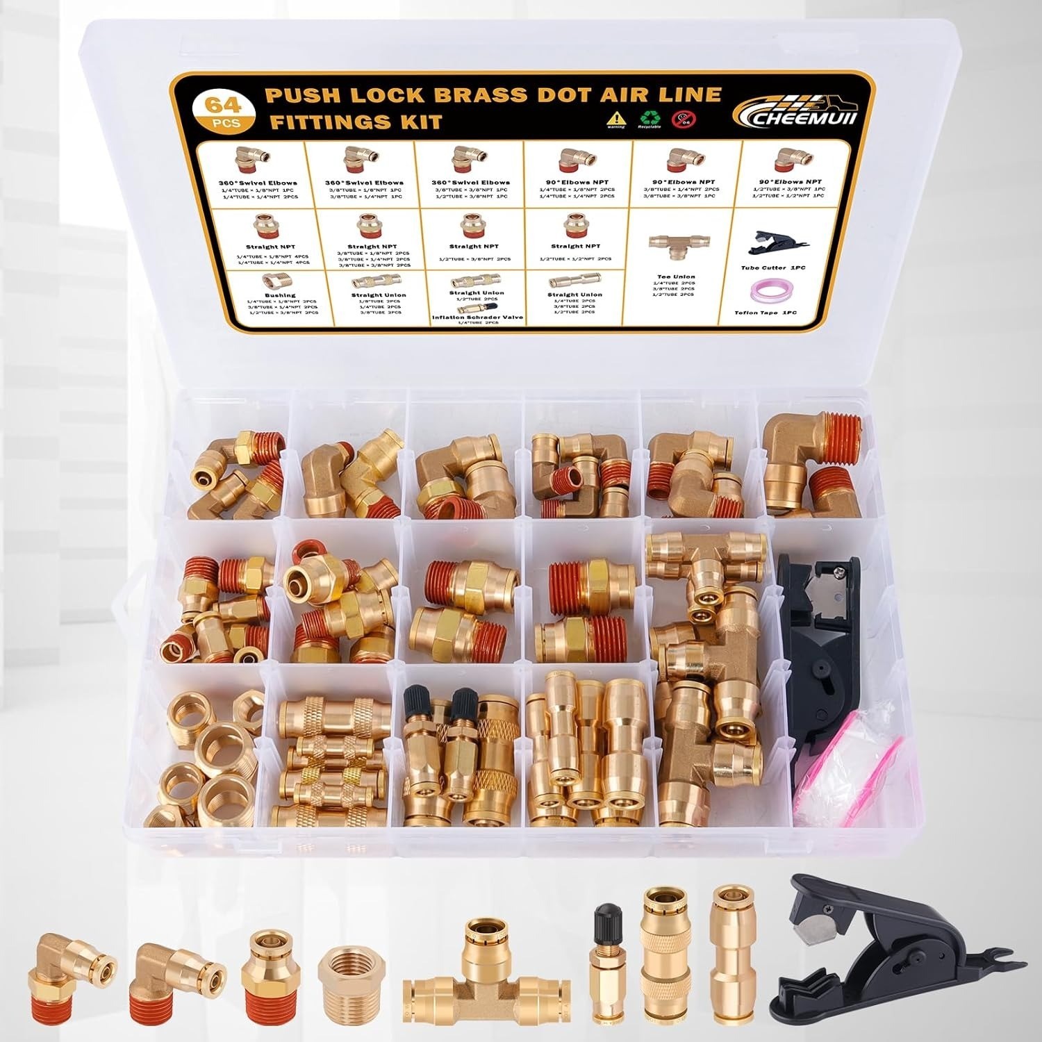 64 Pcs Brass DOT Air Line Fittings Kit Push Lock & Quick Connect Fittings NPT Th