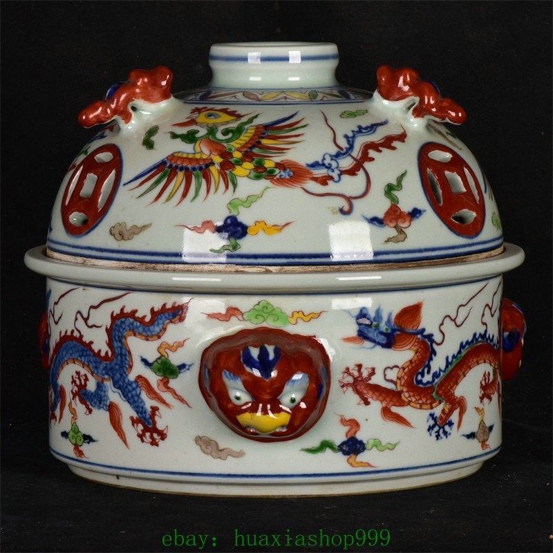 10.2"Wucai Porcelain Dragon Loong Beast Phonix Tiger Head incense burner Censer