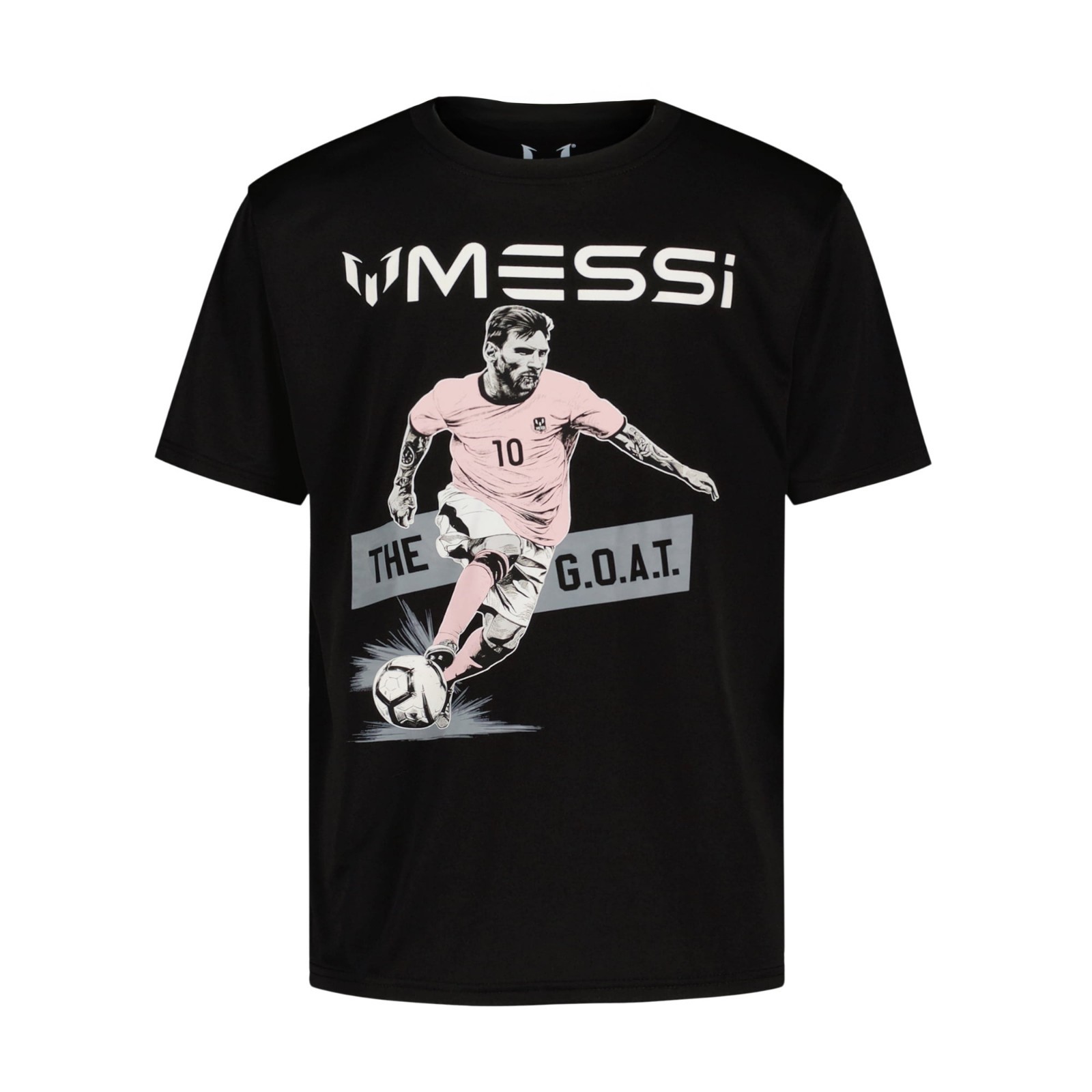 Messi Kicking Soccer Ball GOAT Boy's Black T-Shirt. Boy's Sizes S-XL. New!