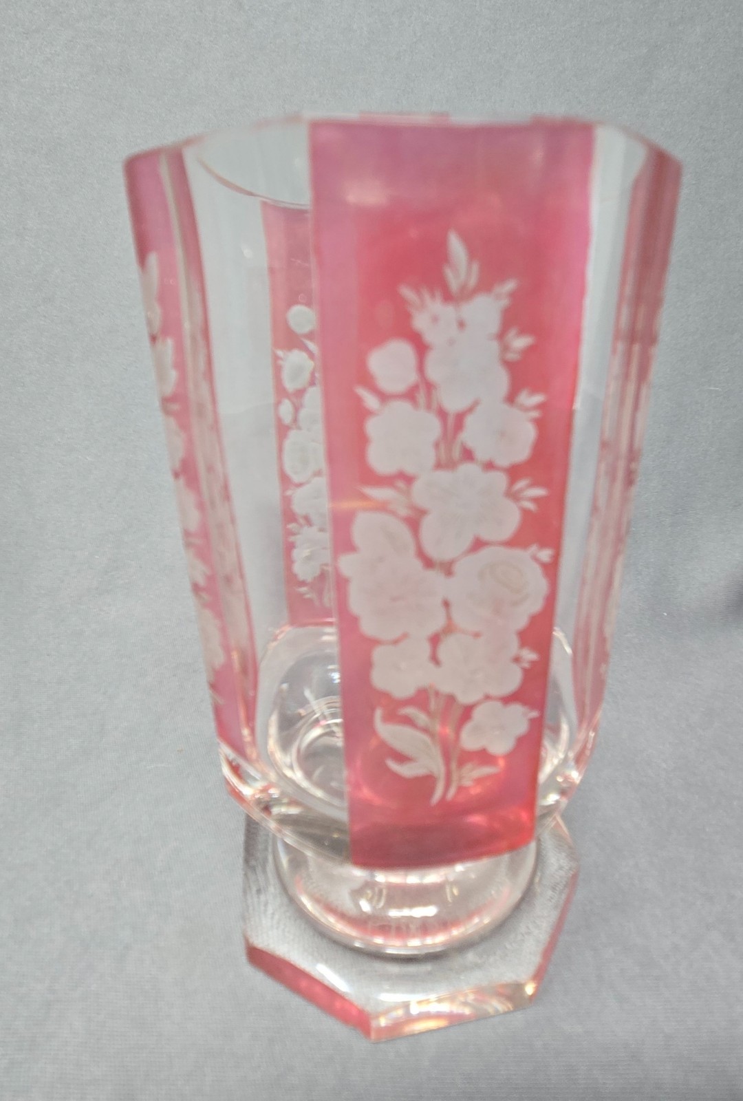 Bohemian Red Flashed Floral Etched Ale Glass
