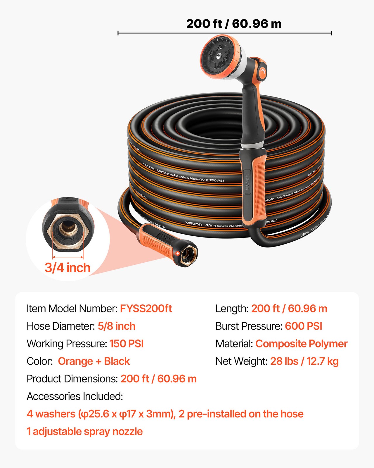 VEVOR Garden Hose 200ft 5/8" Rubber Water Hose with 10-Mode Nozzle Lightweight