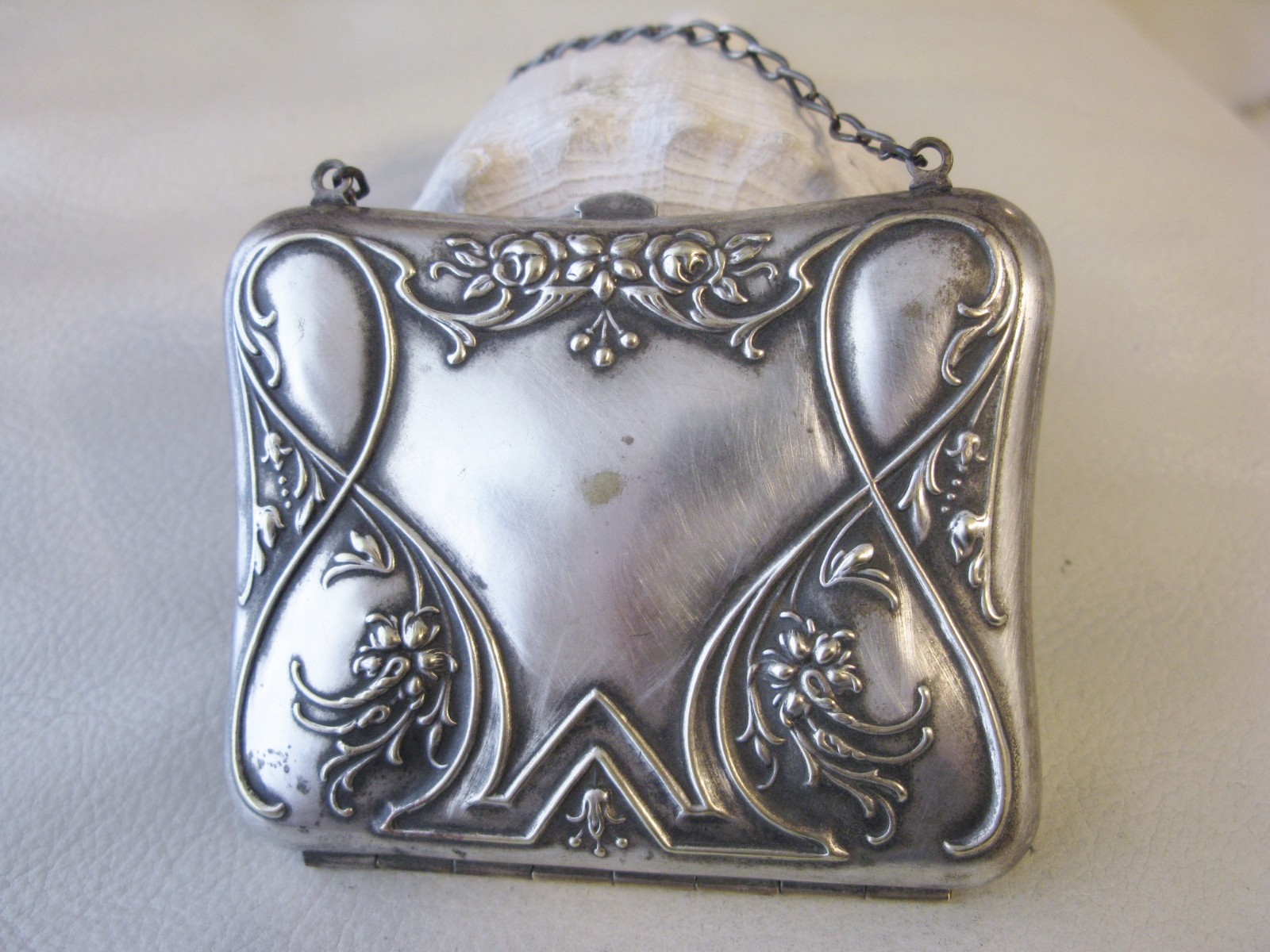 Antique Art Nouveau Silver Floral Card Case Mirror Lipstick Holder Purse Wallet
