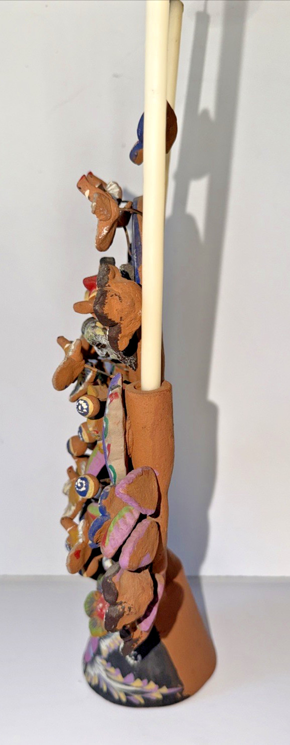 Mexican Clay TREE of LIFE Handmade Multi Color Folk Art Candelabra 12.5" Tall