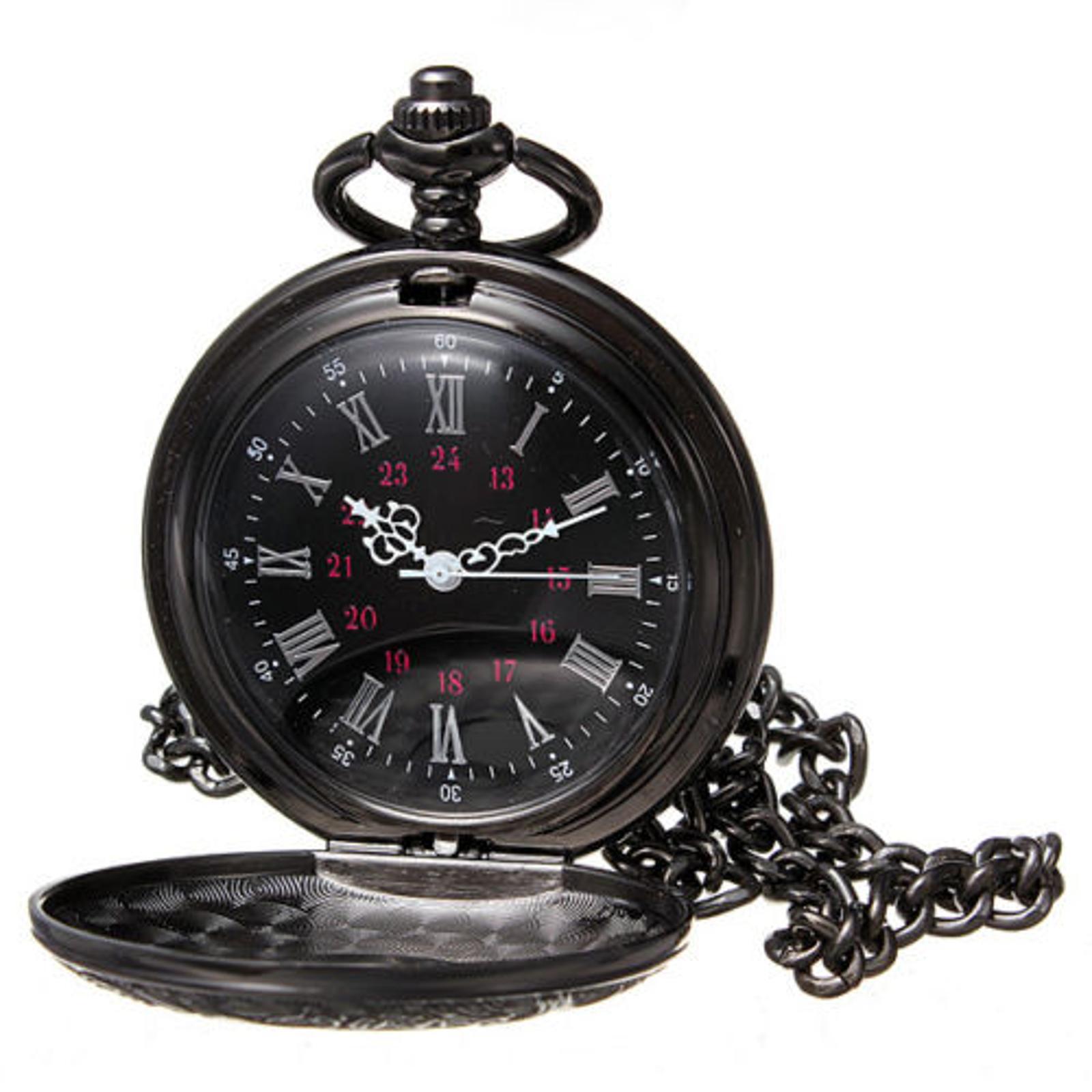 Retro Steampunk Pocket Watch Black Vintage Quartz Pendant Necklace Chain Gift
