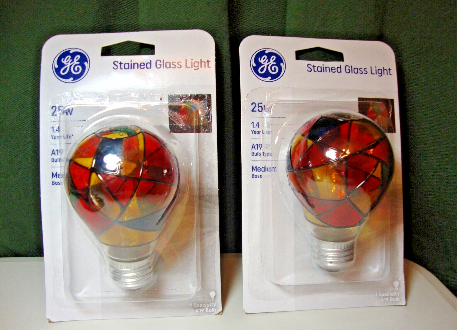 2 GE Stained Glass Light Bulb 25-Watt Decorative hand painted A19 GE
