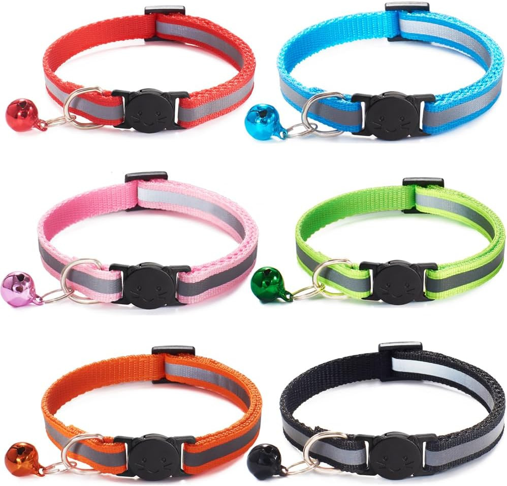 6 Pack Reflective Cat Collar with Bell, Breakaway and Safe Collars for Cats, Nyl