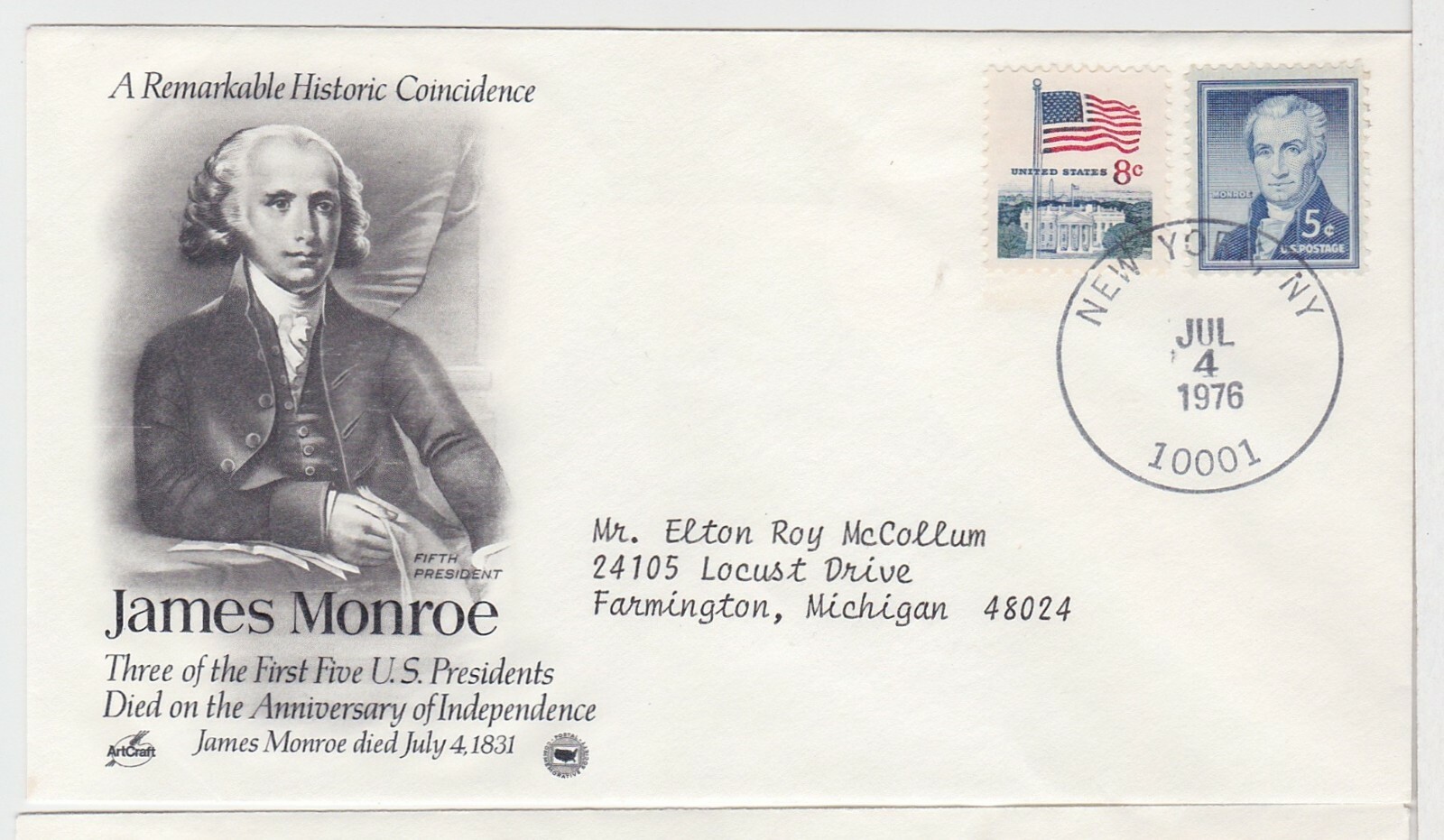 TurtlesTradingPost- New York, New York- July 4 1976 James Monroe Artcraft Cachet