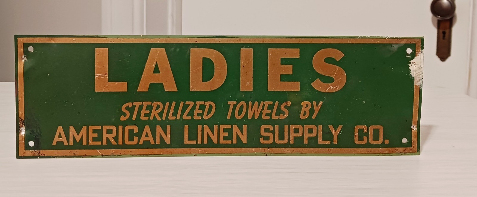 Vintage Ladies Room Sign Green Gold Sterilized Towels American Linen Supply Co.