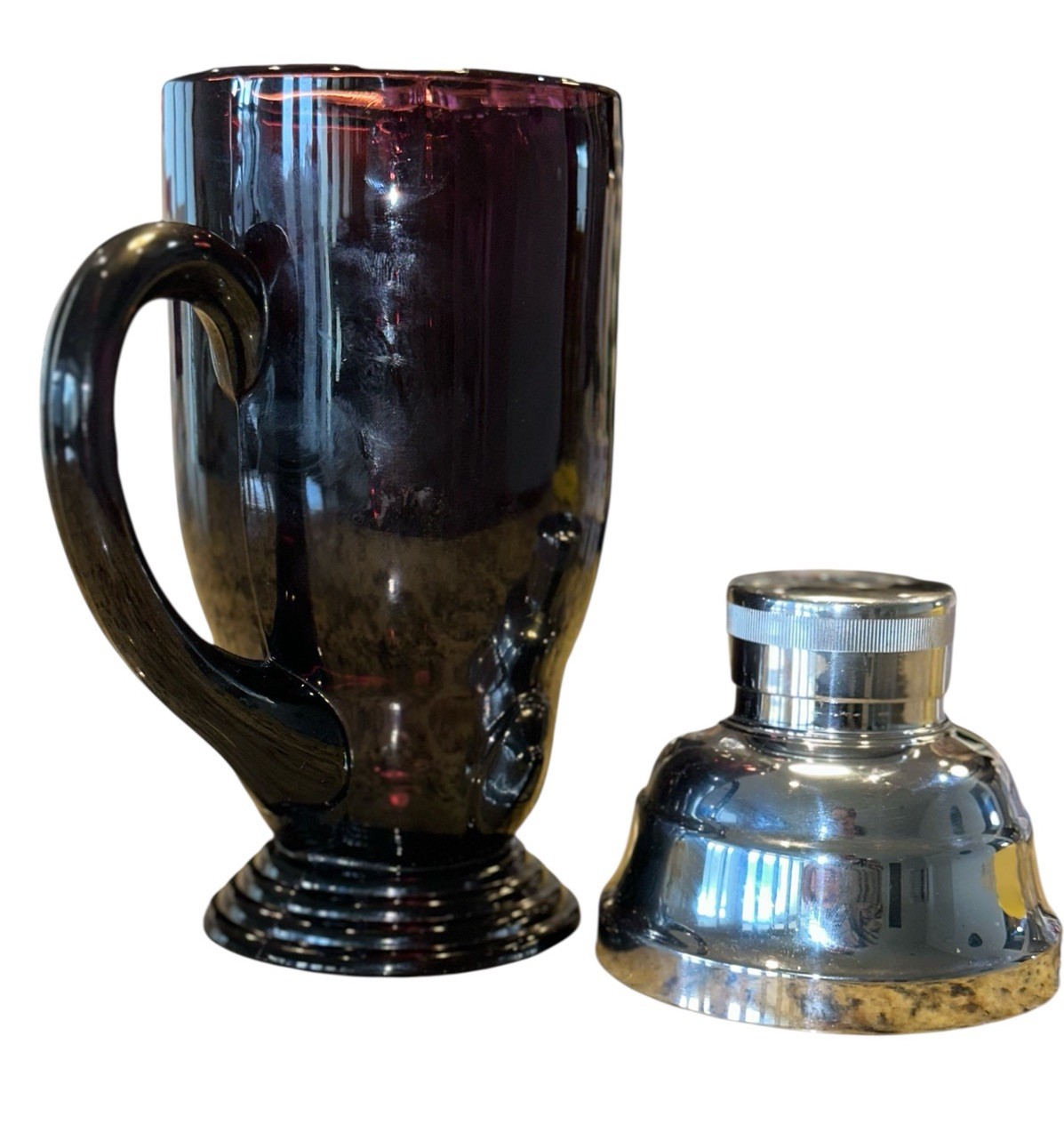 New Martinsville Moondrops Black Amethyst Glass Art Deco Cocktail Shaker Pitcher