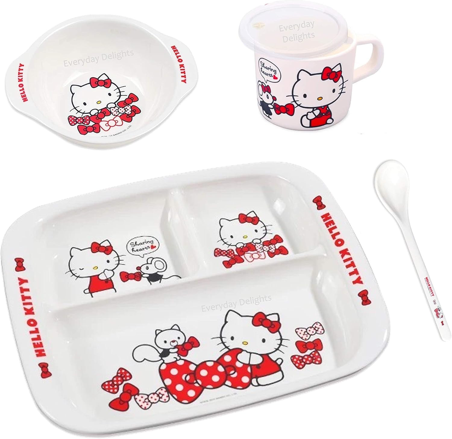 Hello Kitty Red Dinnerware Flatware Meal Set – Plate Bowl Cup Spoon, 4 Pieces