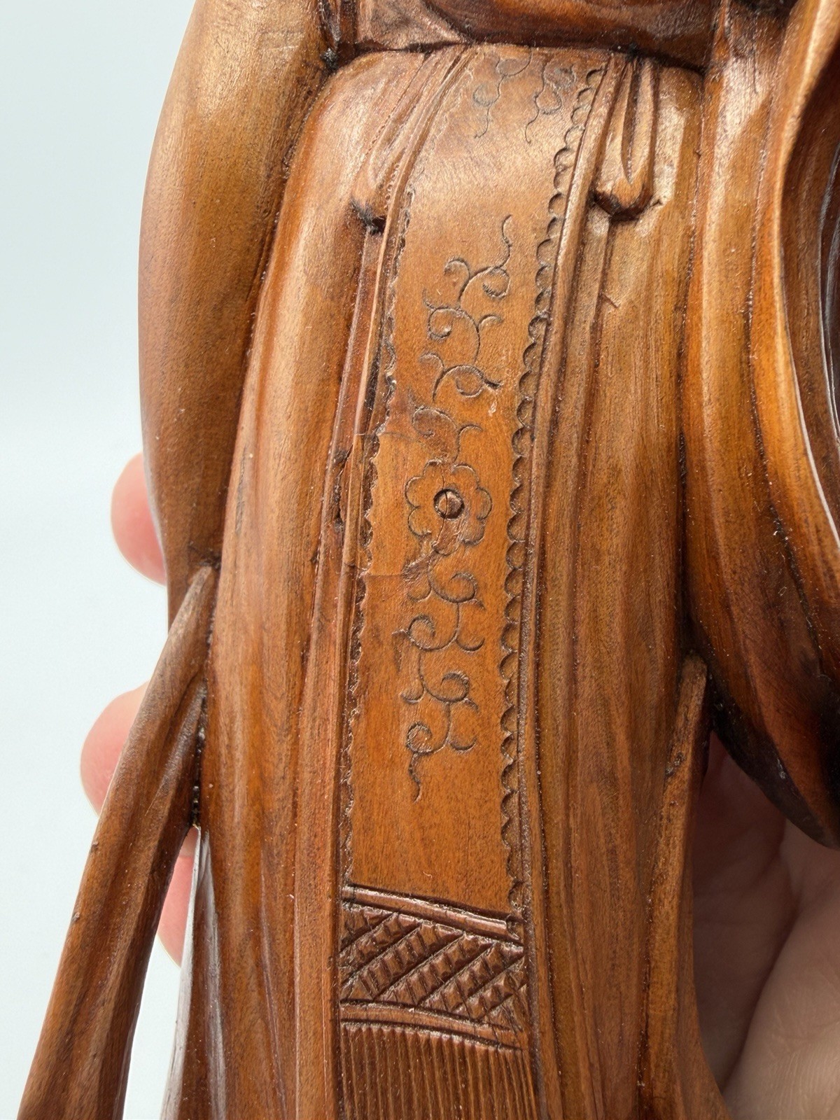 Vintage Hand Carved Wood Geisha Figurine Woman With Fan Asian Statue 9”