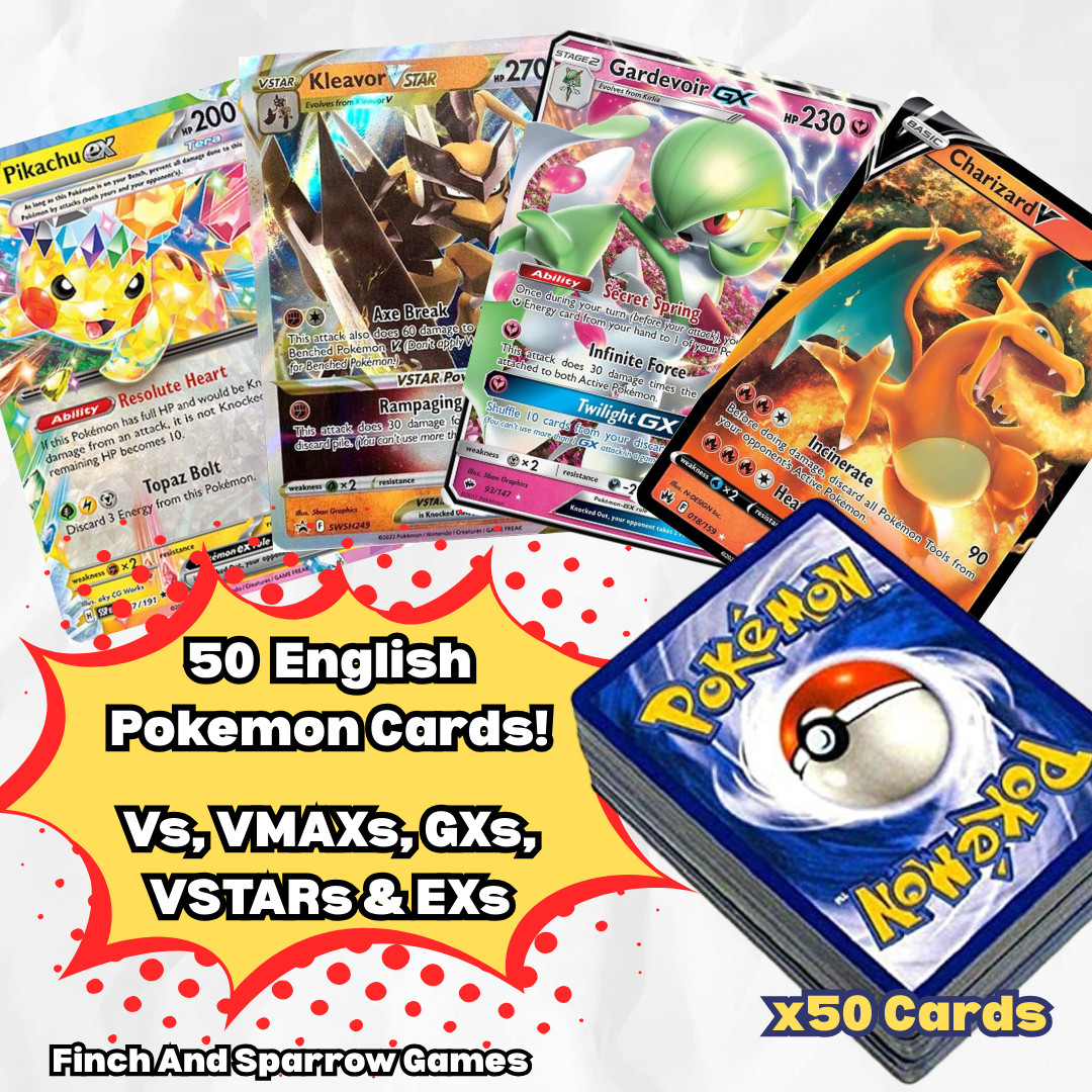 50 English Pokemon V, VMAX, EX & GX Cards - Lot of 50 Cards, Buy More & Save!