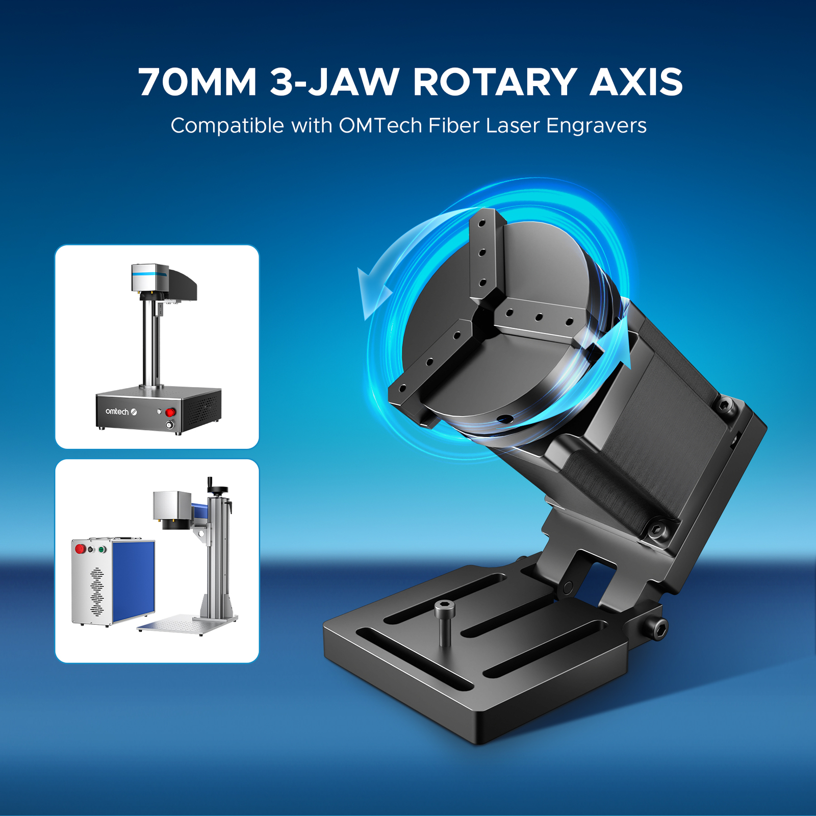 70mm Rotary Axis Attachment for Fiber Laser Engraver w 3 Jaw Rotary Chuck - Used
