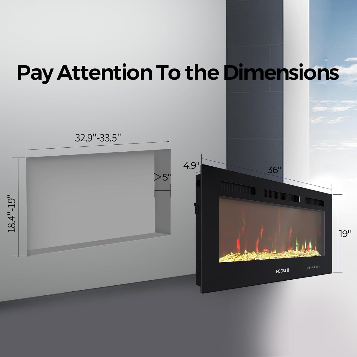 36" Electric Fireplace Heater RV 7 Colors- Wall Mount, Recessed, Insert TV Stand