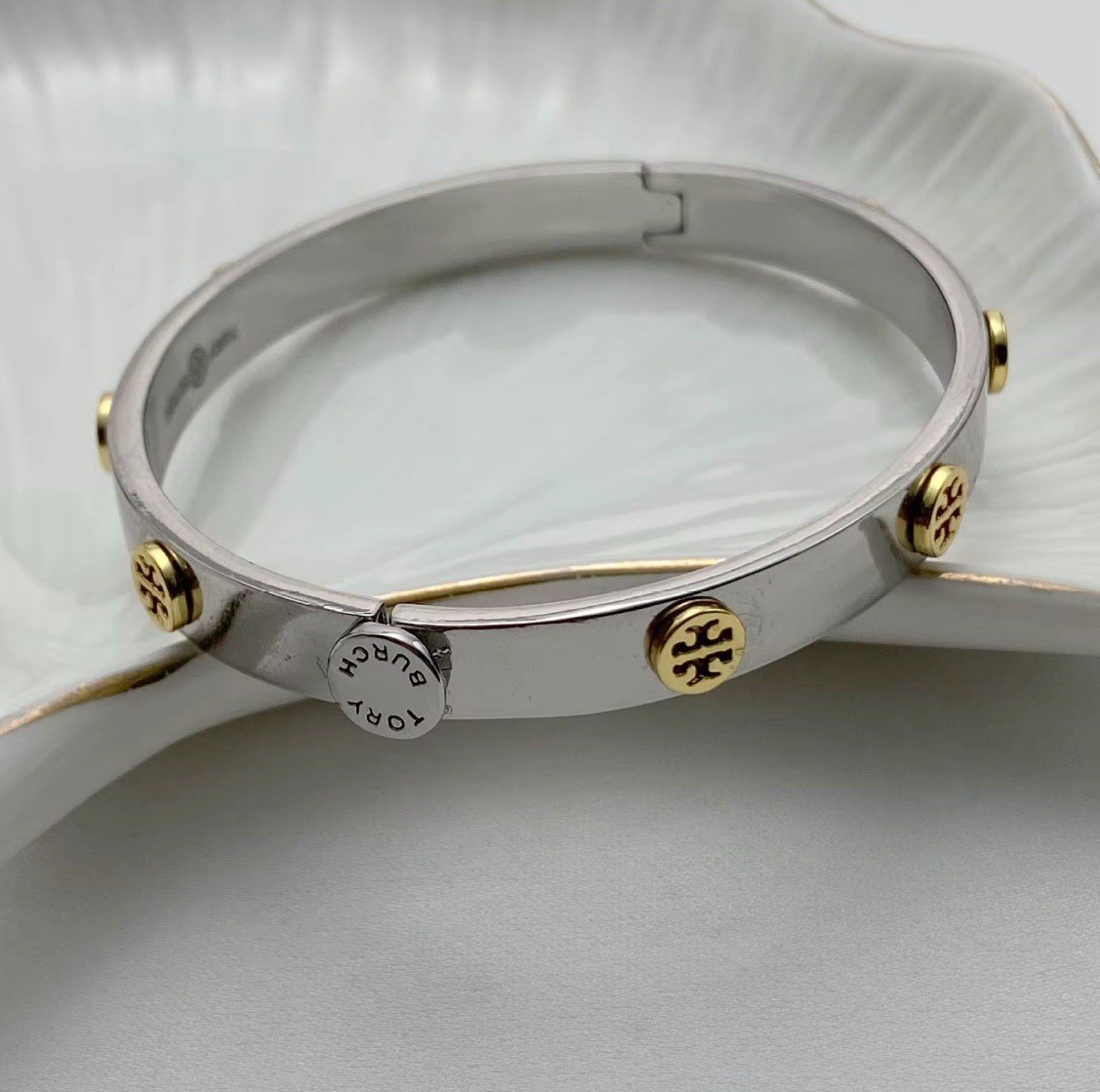 Tory Burch Silver Bracelet with Gold Logo Accents 7mm