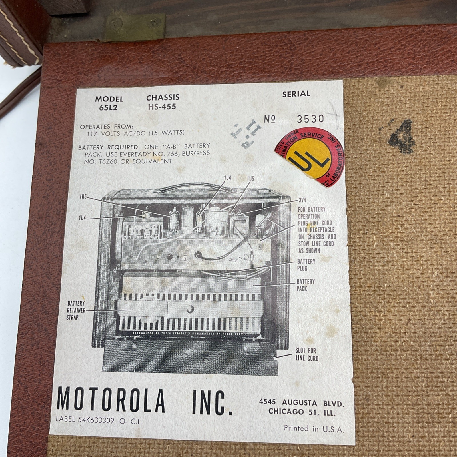 Vintage Motorola tube radio Portable Scan-o-Scope Diplomat 65L2 - For Repair