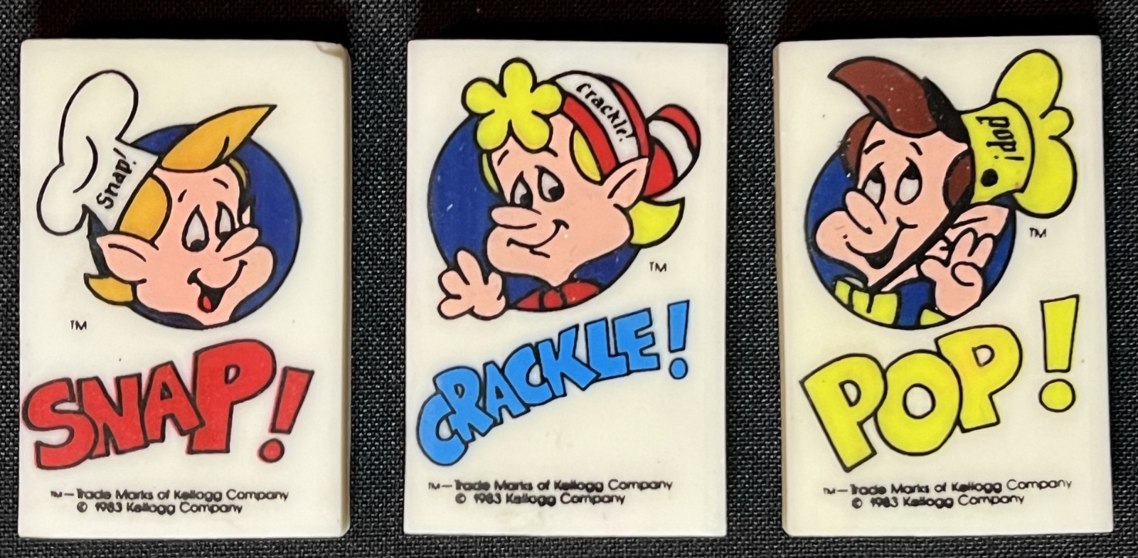 Lot of Three Vintage 1983 Kellogg's Rice Krispies "Snap / Crackle /Pop!" Erasers