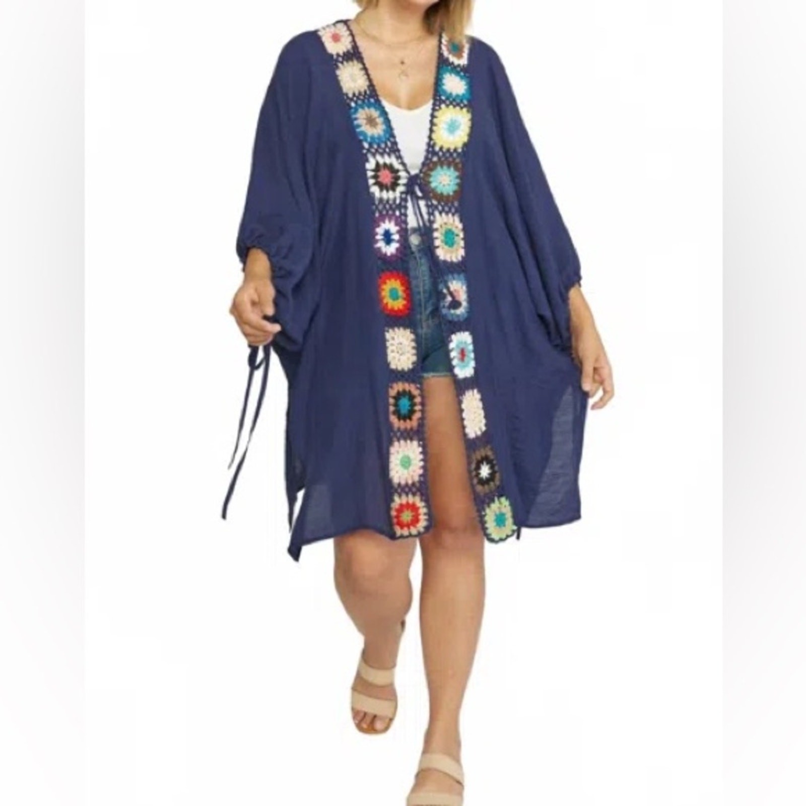 NWT Entro Crochet Granny Square Open Kimono Navy Blue 1X Swim Coverup Resortwear