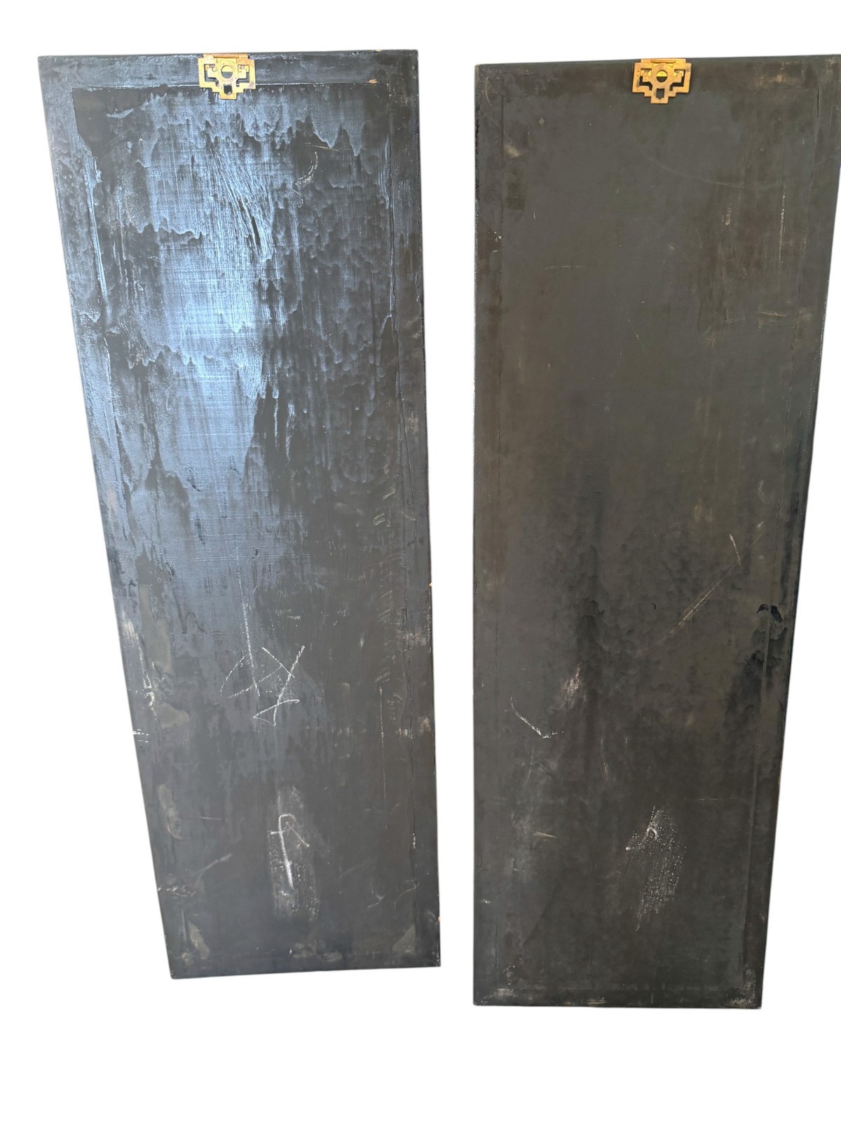 Vintage Chinese Black Lacquer Wall Panels 12x36 Mother of Pearl Inlay Set of 2