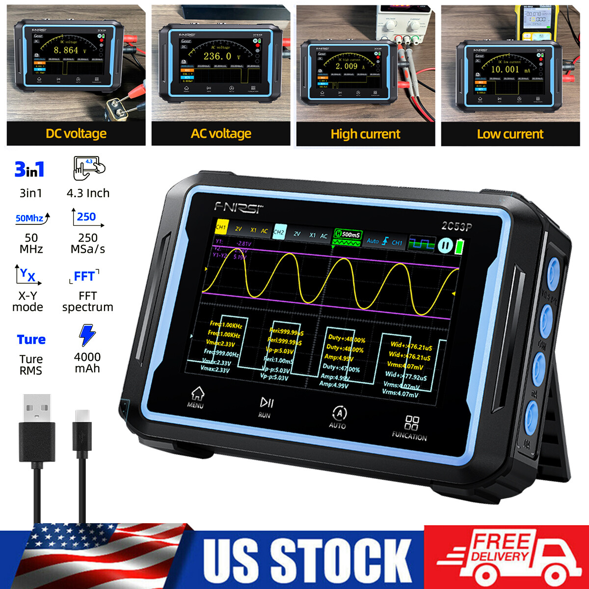 FNIRSI 2C53P Handheld Digital Oscilloscope Multimeter Signal Generator IPS Touch