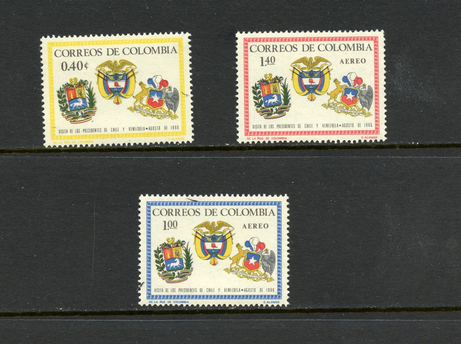 P835   Colombia  1966   Arms of Chile Venezuela and Colombia   3v.   MNH