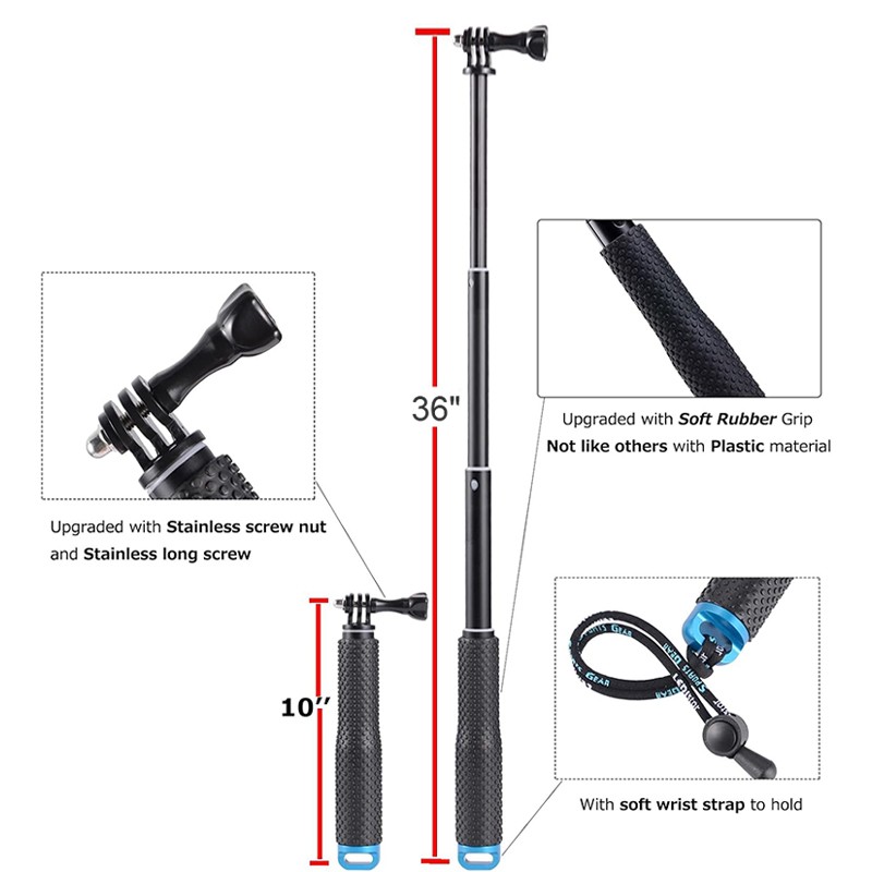 36" Extension Selfie Stick Extendable Pole Hand Grip for GoPro Max Hero 13 12 11