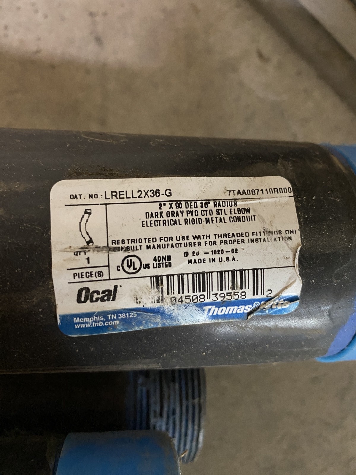 Thomas & Betts Ocal LRELL2X36-G PVC Coated Elbow 90-Deg 2" 36" Radius Steel Gray