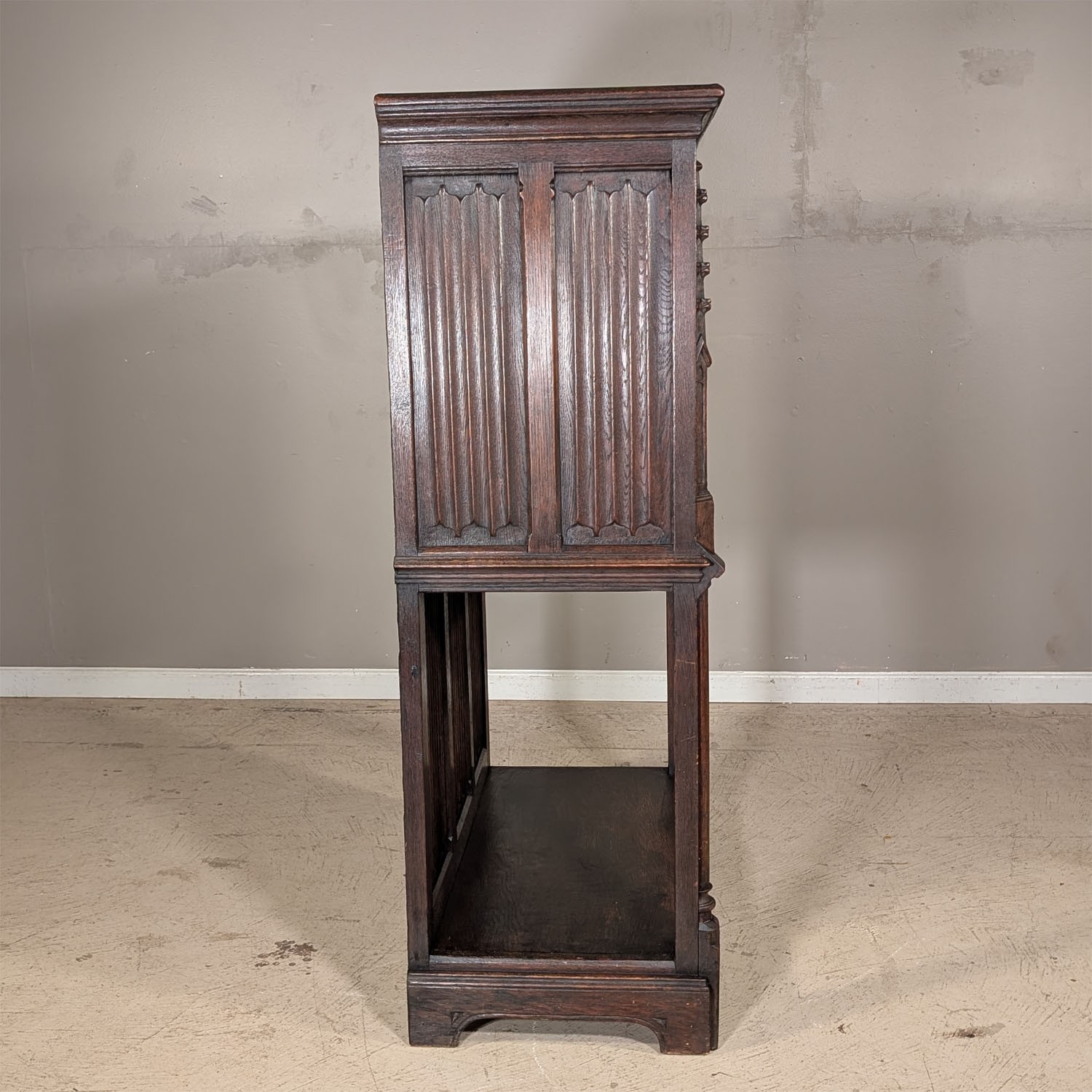 Antique French Gothic Carved Oak Cabinet Stand with Figural Panels Heraldic Door