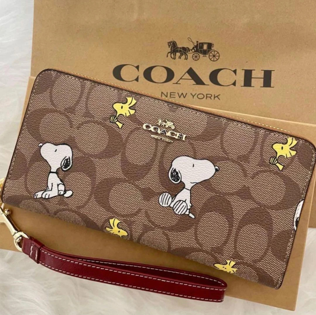 COACH x PEANUTS Long Zip around Wallet Snoopy Woodstock Khaki Signature CE705