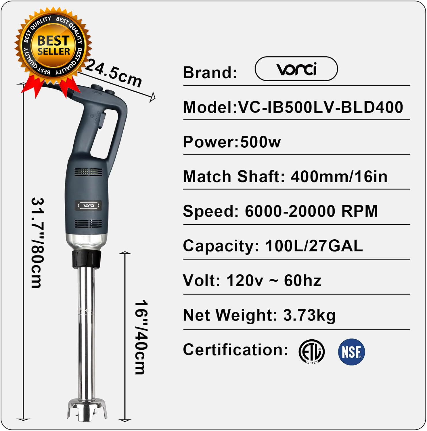 500W Commercial Immersion Blender 16" SUS 304 Removable Shaft Heavy Duty