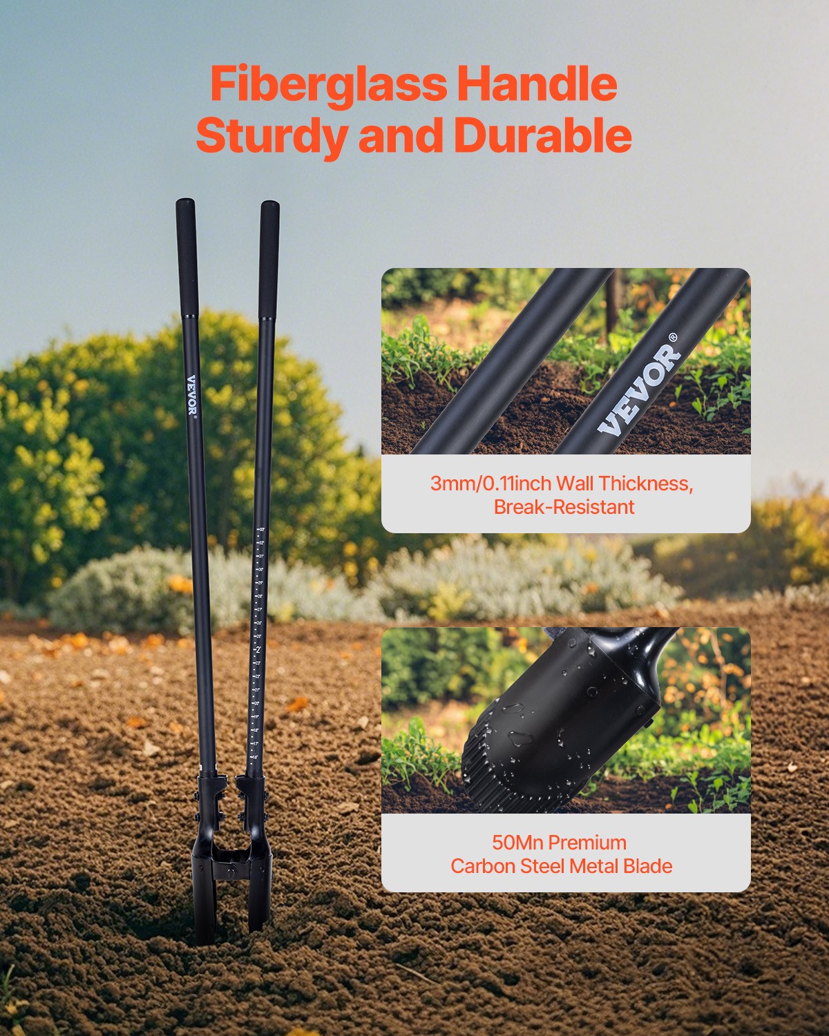 Manual Post Hole Digger 57.5 in Fiberglass Handle with Scale