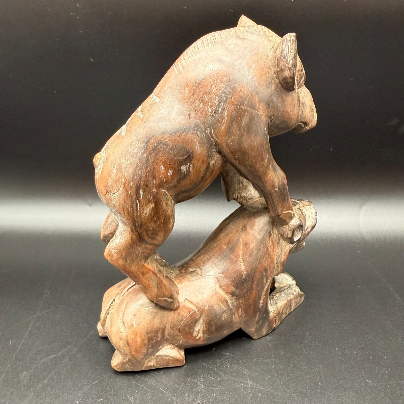 Vintage Hand-Carved Wood Animal Sculpture – Wild Boar Standing Over Lion – Triba