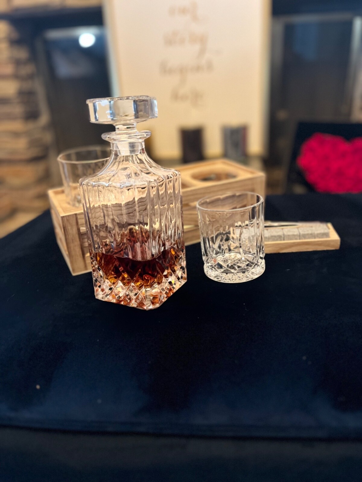 Whiskey Gift Set: Decanter, Wood Stand, Granite Chilling Stones & Two Glasses