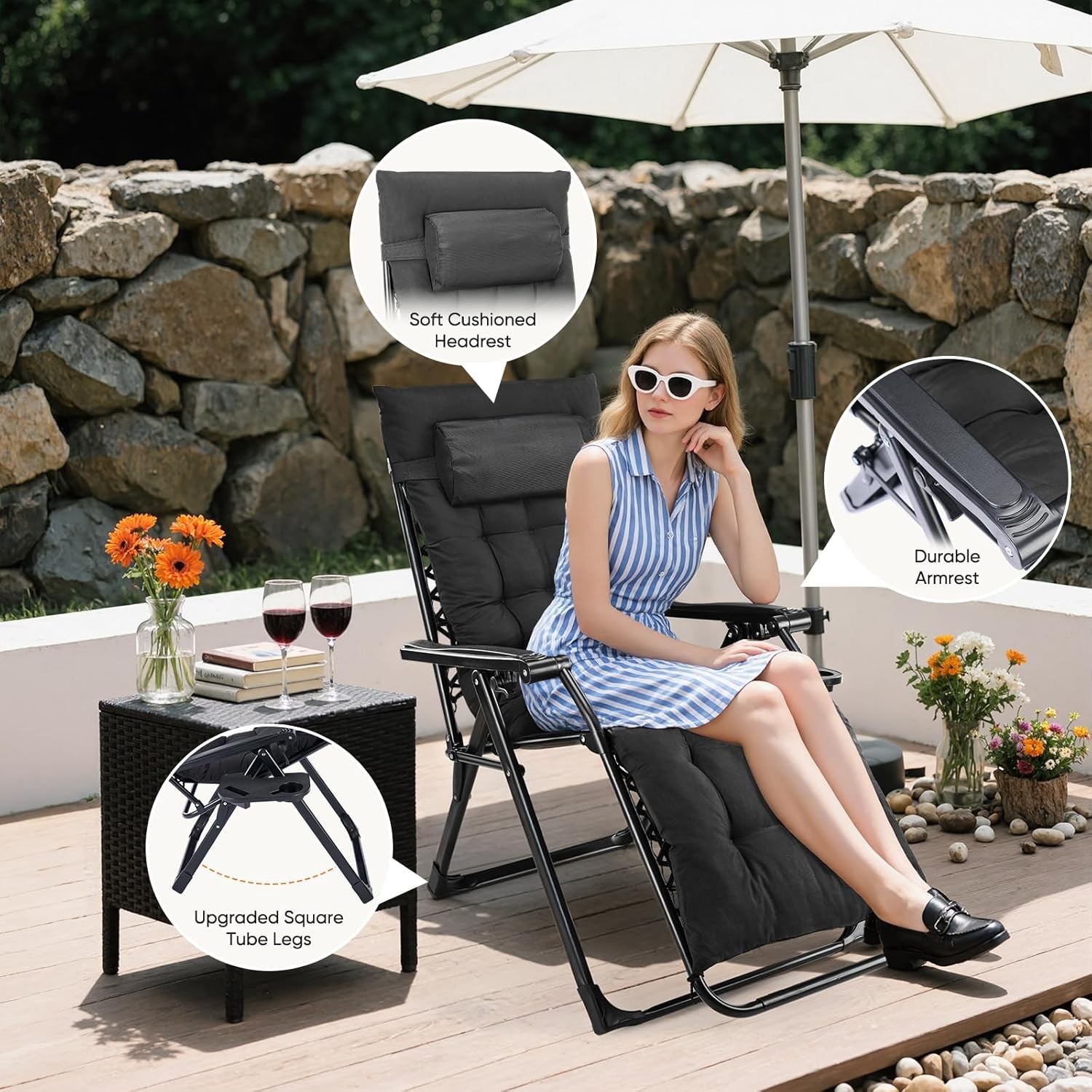 Zero Gravity Chair Outdoor Lounge Chair w/ Removable Cushion&Cup Holder&Headrest