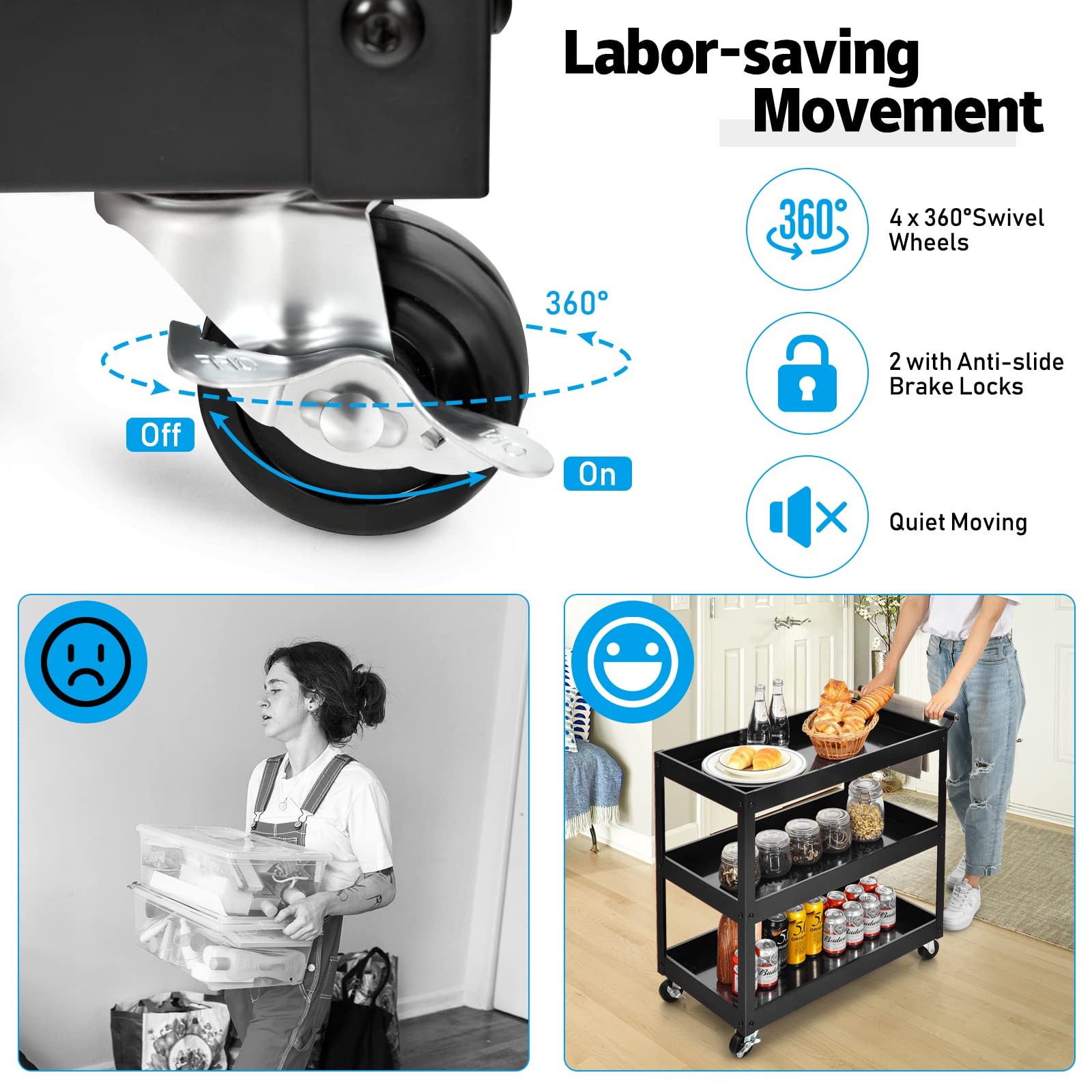 Heavy Duty 3 Tier Metal Rolling Cart 330LBS Capacity with Brake Wheels Black