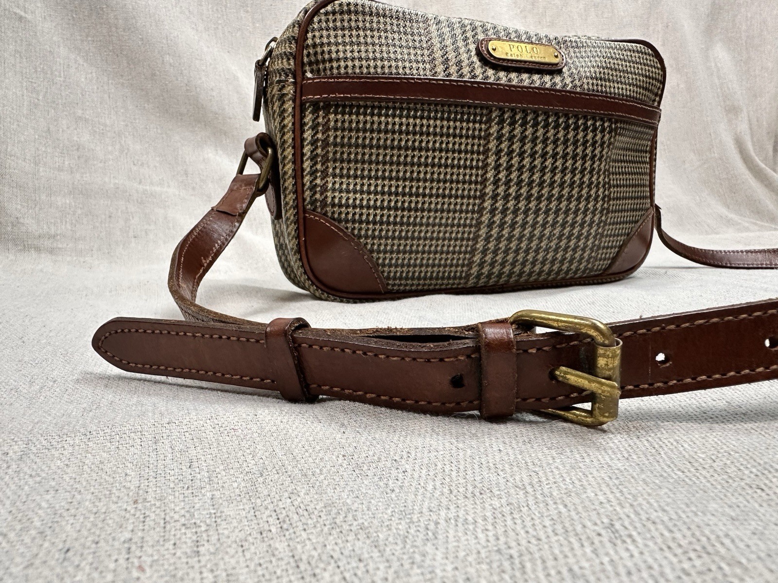 Vintage Polo Ralph Lauren Brown Russell Houndstooth Plaid Bag Leather 90s