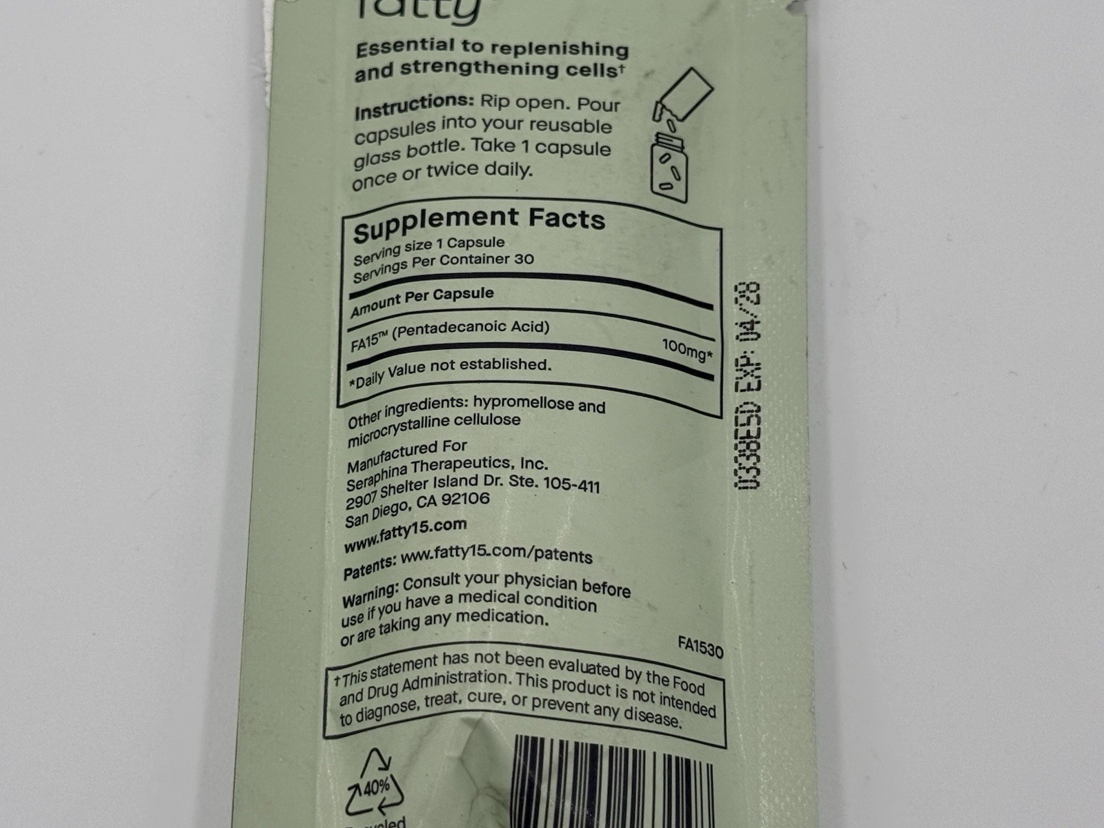 Fatty15 Pure C15:0 Pentadecanoic Acid Supplement - Gut & Liver Health - 30 CT