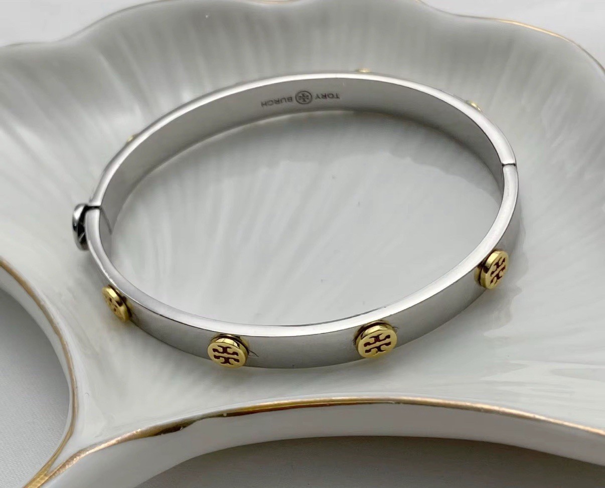 2026 Tory Burch Silver Bracelet with Gold Logo Accents 7mm Hot sale