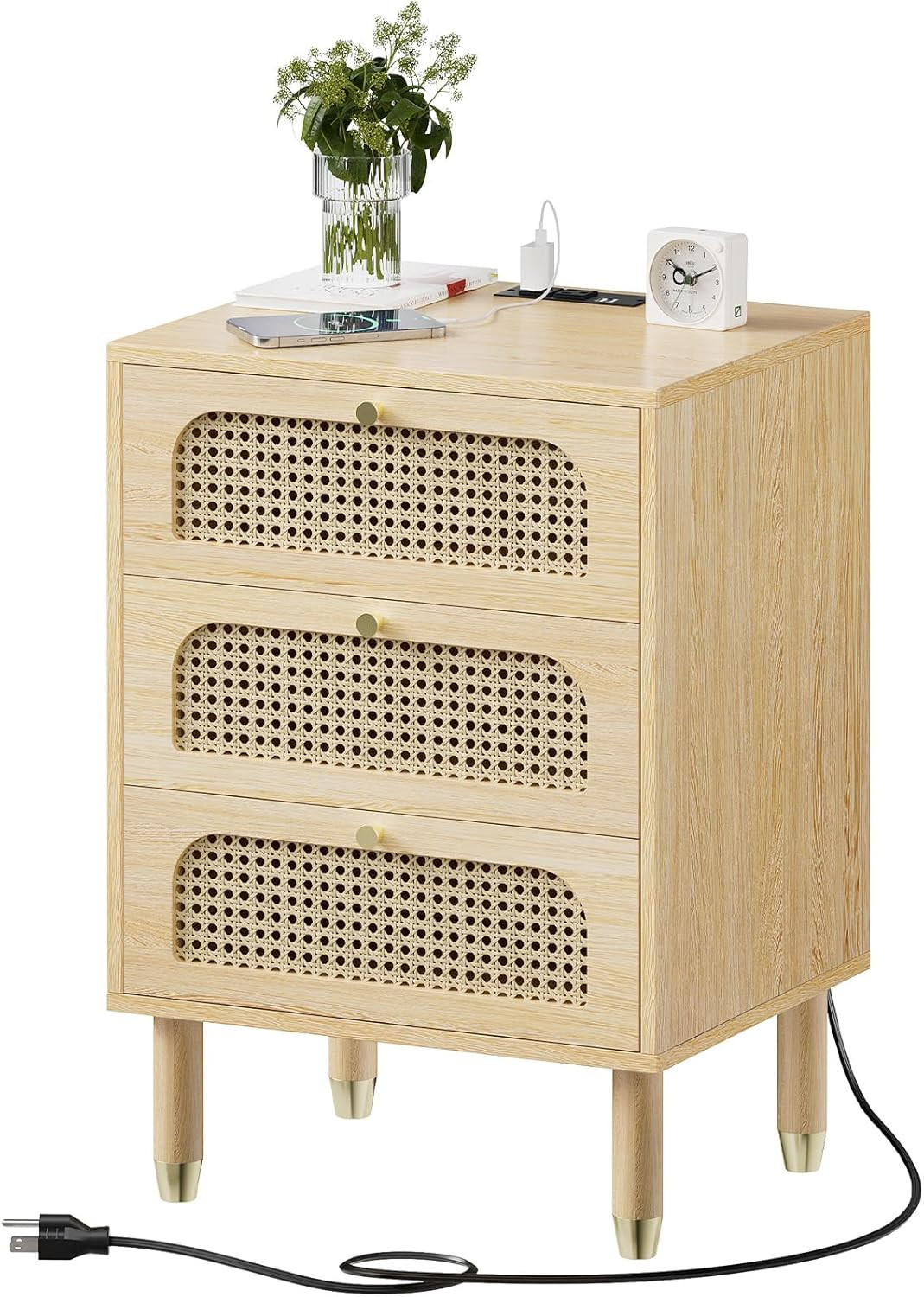 Rattan Nightstand with Charging Station 19" W Nightstand with 3 Drawers