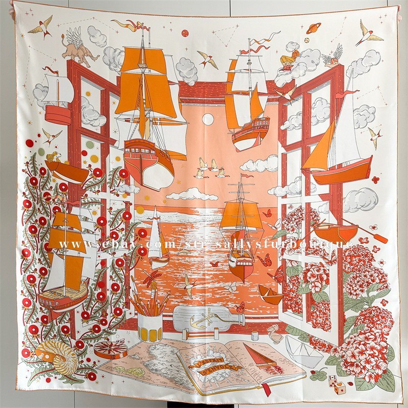 Sallys 100% Twill Silk Large Wrap Scarf Stole Boats Print Square Shawl 135cm