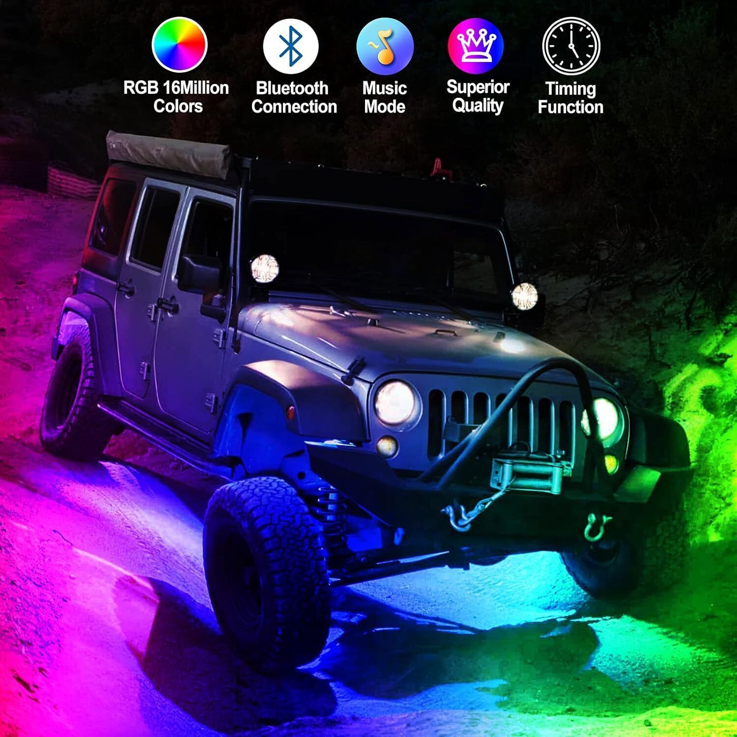 12Pods RGB LED Rock Light Offroad Music Wireless Bluetooth Underglow Neon Lights
