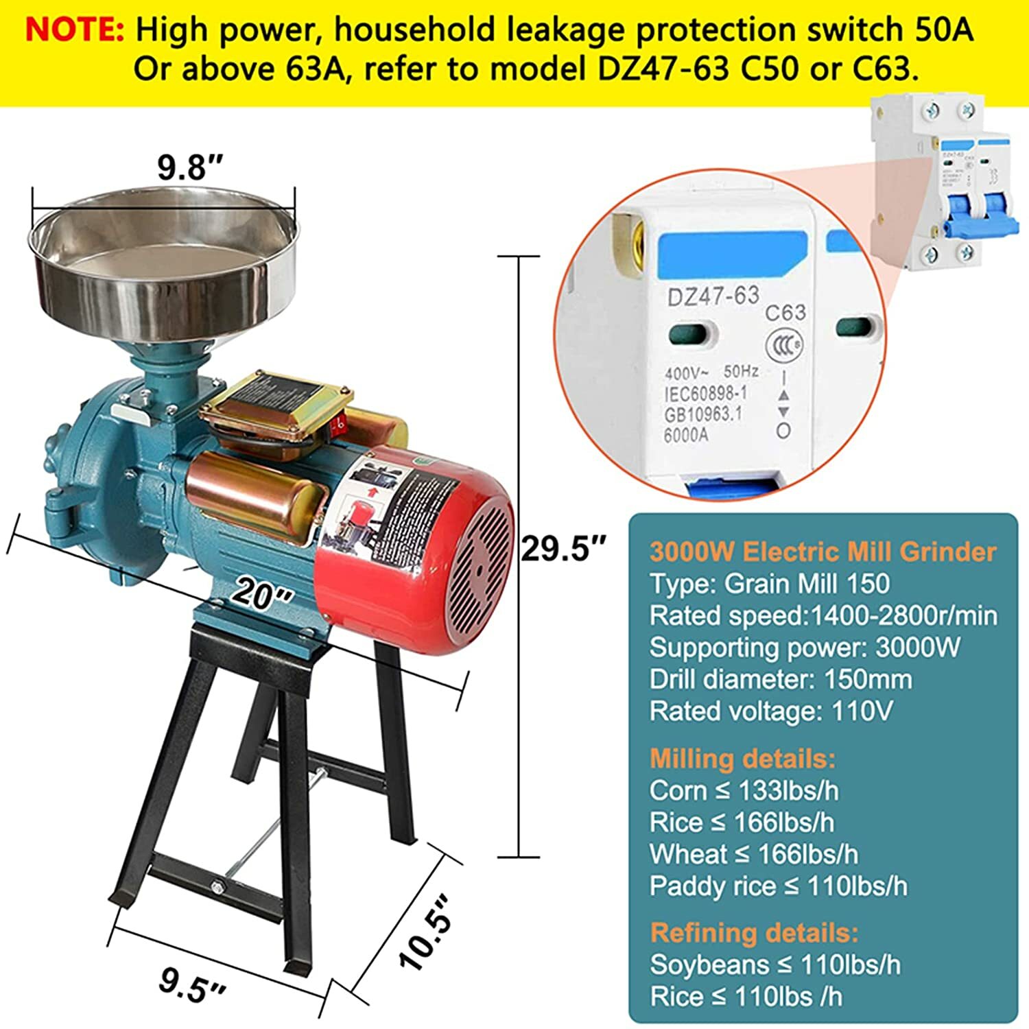 3000W Electric Grinder Mill Dry Feed/Flour Mill Cereals Grain Corn Wheat 110V