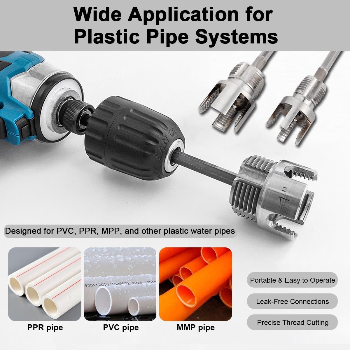 3Pcs PVC Pipe Threader Kit 1/2" 3/4" 1" NPT, Integrated Internal & External Pipe