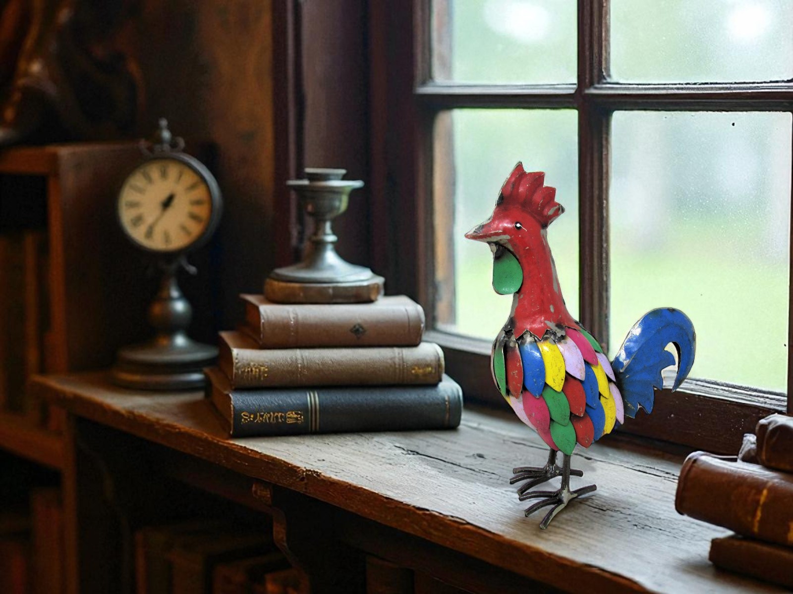 Rustic Small 9 Inch Tall Repurposed Scrap Metal Rooster Chicken Statue Home Farm