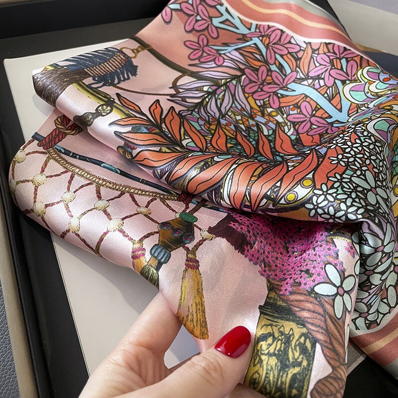 100% Silk Square Scarf Women Vintage Pink Black Kerchief Headscarf Wrap 68*68cm