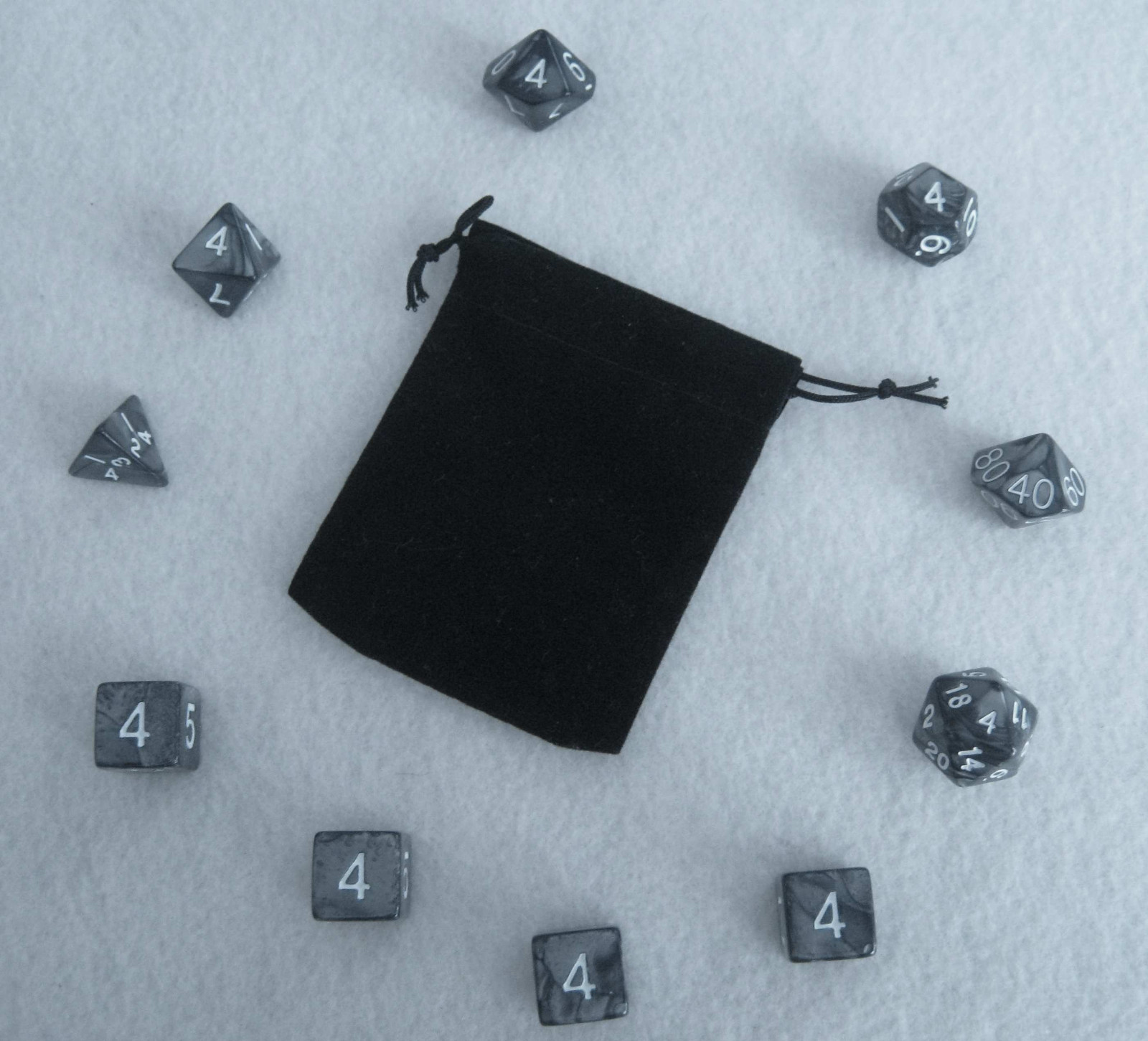 NEW Smoke Black RPG D&D Dice Set: 7 + 3d6 = 10 polyhedral die plus bag!