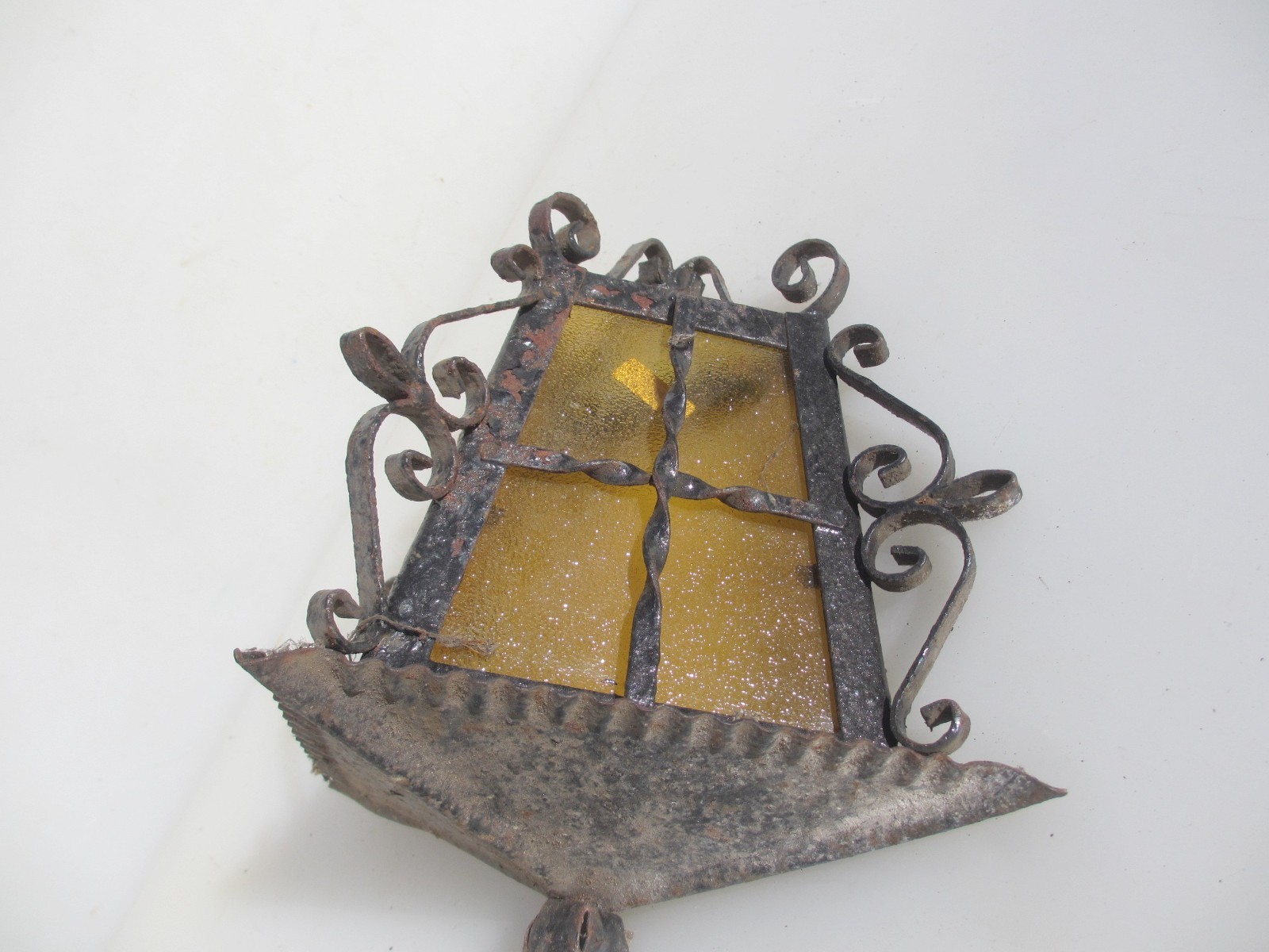 Vintage Wrought Iron Garden Light Shade Yellow Glass Antique Lantern