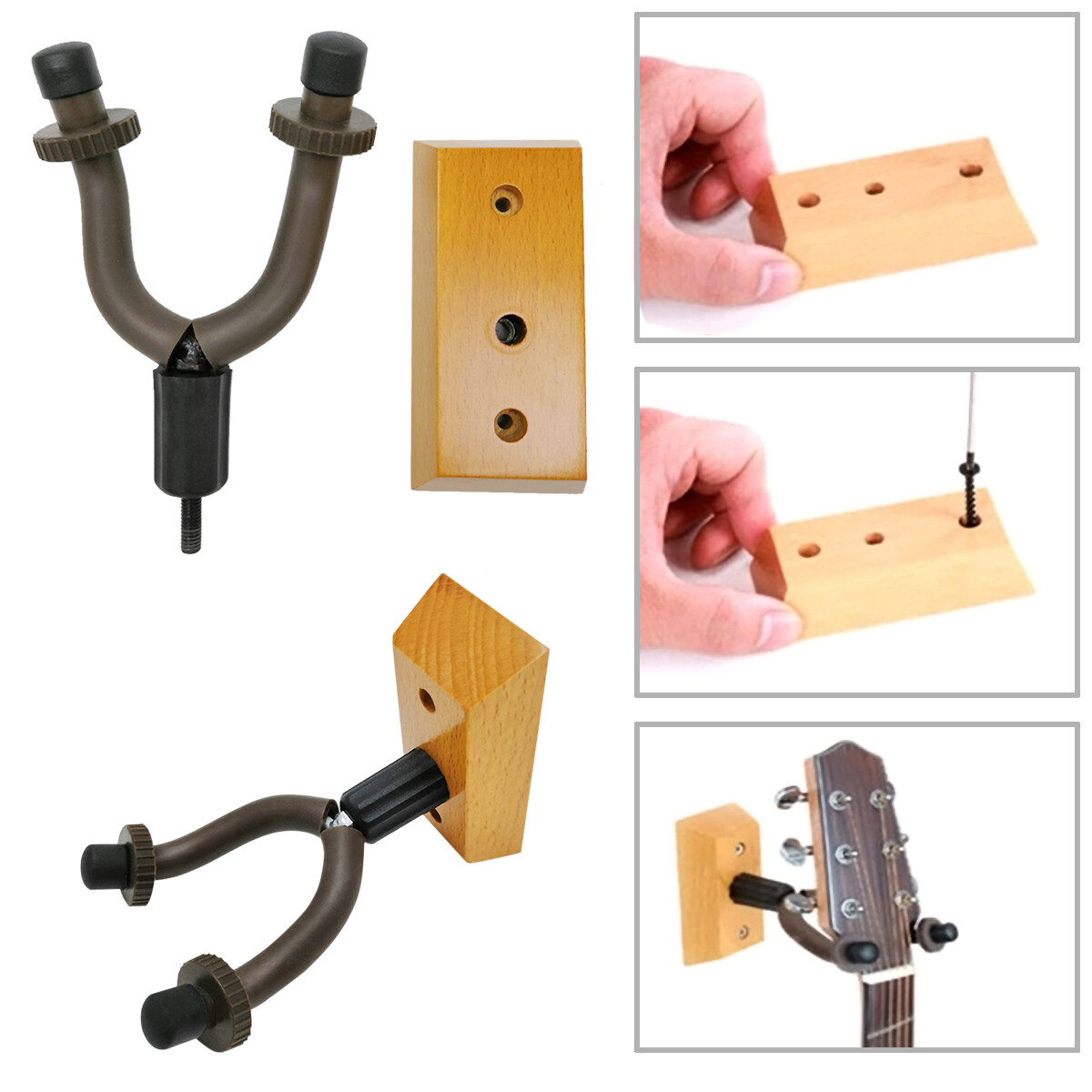 2 PCS Guitar Hangers Wall Mount Adjustable Arm Instrument Display Holder Wooden
