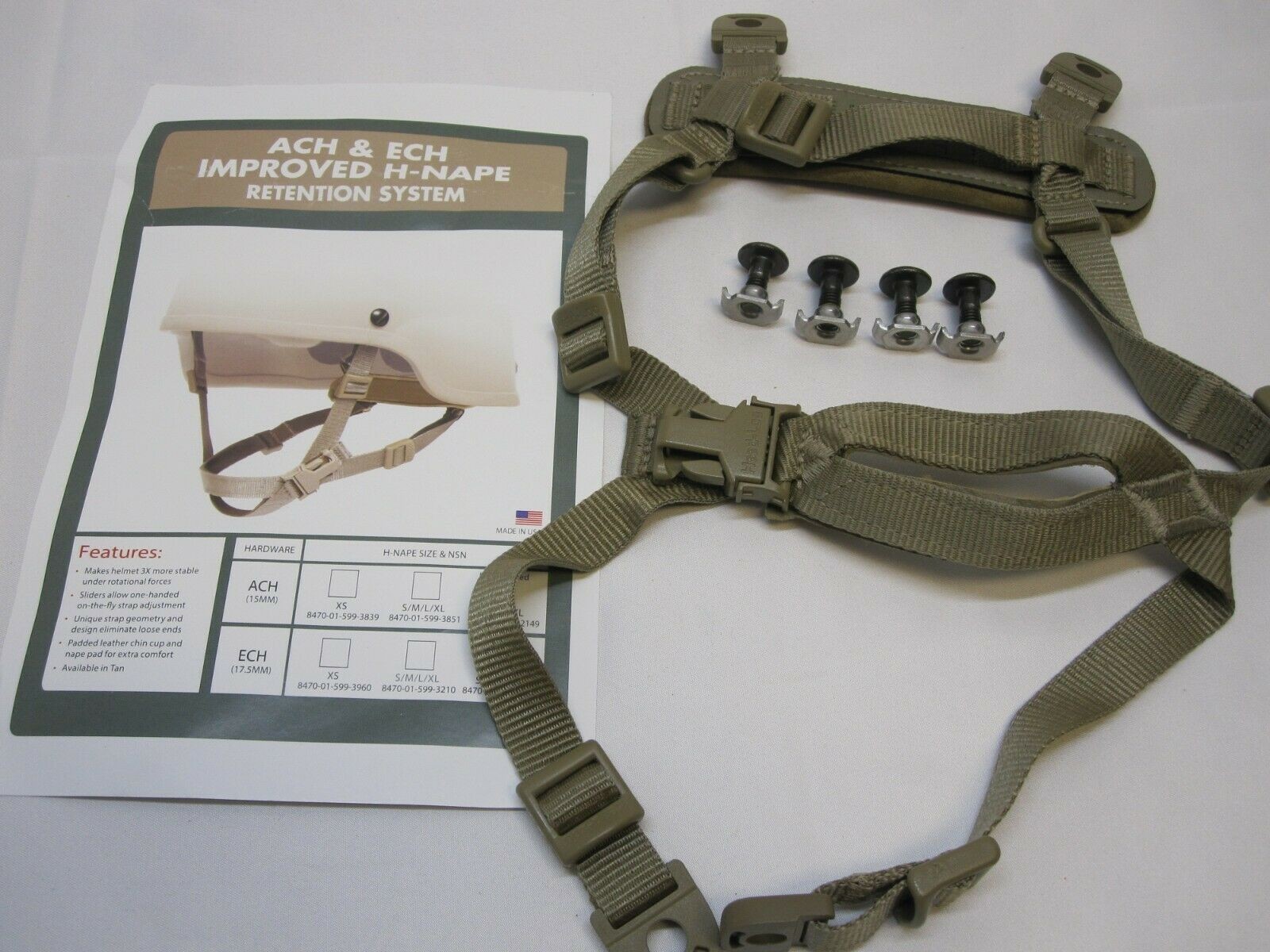 IMPROVED 4 POINT CHIN STRAP COYOTE/TAN H-NAPE ACH HELMET RETENTION SYSTEM